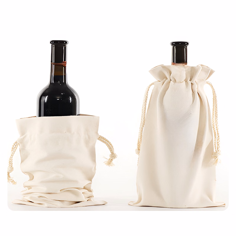 MOQ 50 PCS Stylish Drawstring Wine Bottle Canvas Bag