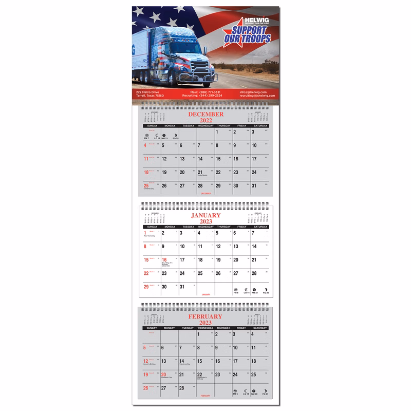Three Month in View Four Panel Wall Calendar - Full color