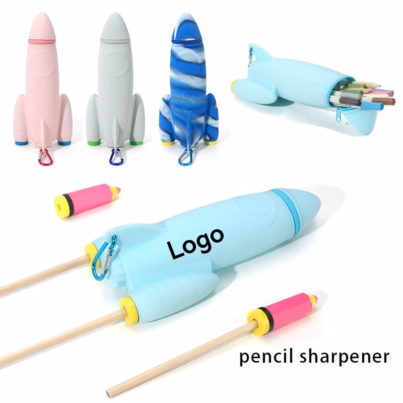 Rocket Shape Silicone Pencil Case With Pencil Sharpener