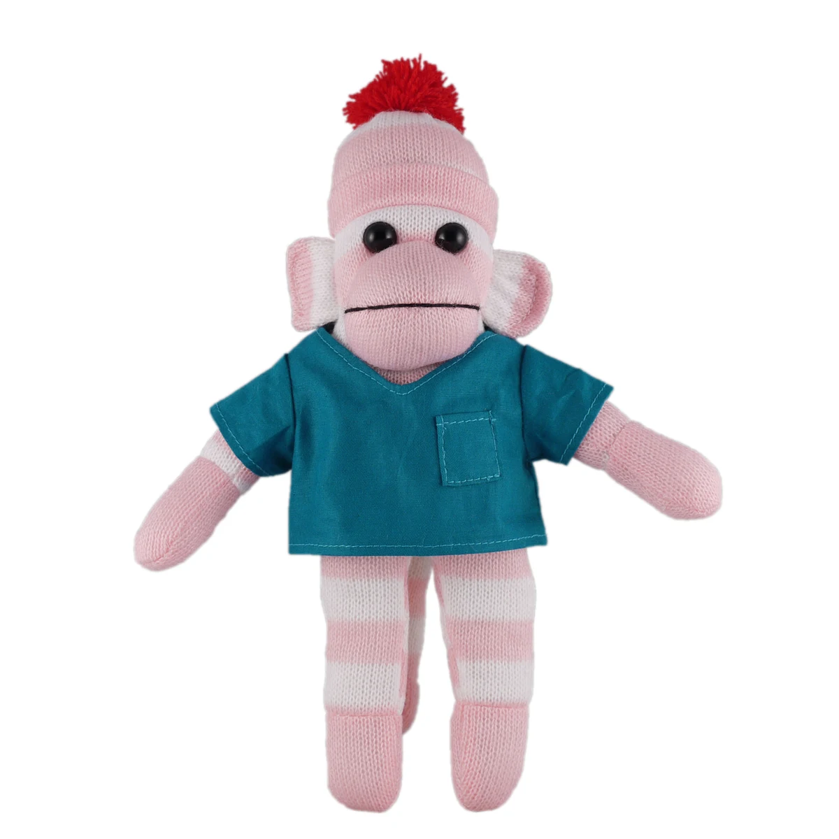 Pink Sock Monkey (Plush) in scrub shirt 1