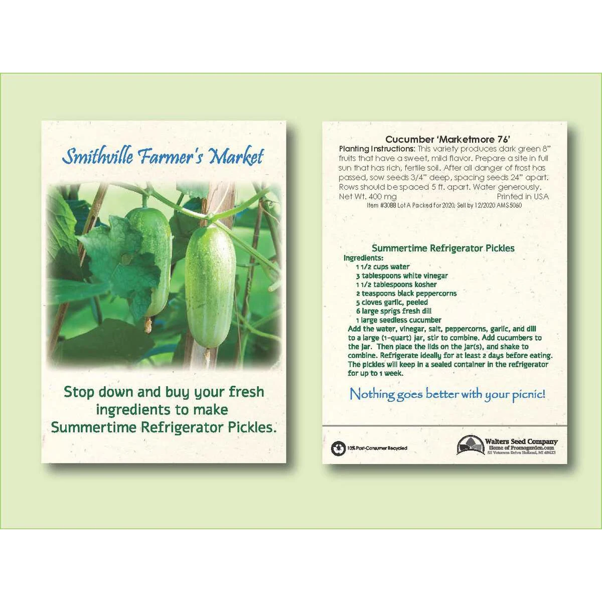 Cucumber Seed Packet - Size 3.25" x 4.5" 1