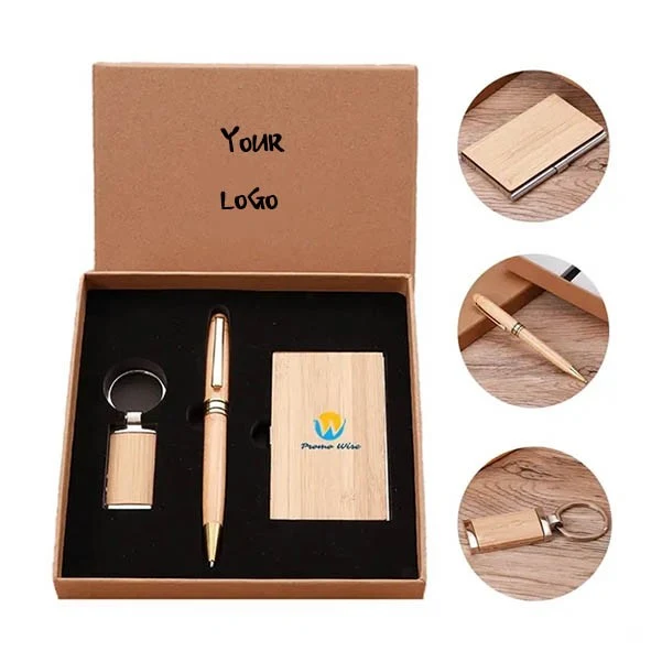 Eco Bamboo Business Card Holder Pen Keychain Gift Set 1