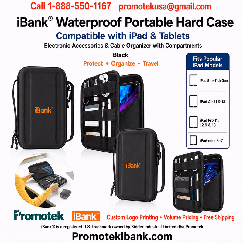 iBank® Waterproof Portable Hard Case for Tablets, Electronic Accessories Cable Organizer