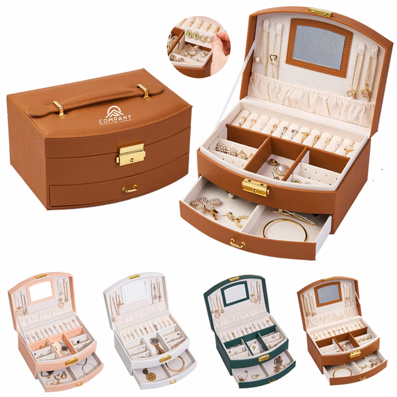 2 Layer Mirror PU Leather Velvet Jewelry Case Display Box with Handle