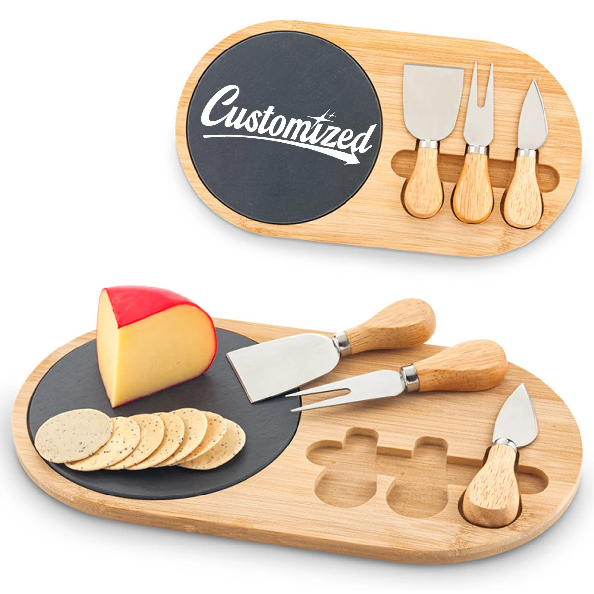Bamboo Cheese Board Set W/ Slate Plate and 3 Cheese Knives 1