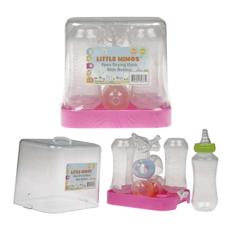 Baby Bottles - Pink & Clear with Drying Rack 4 Pack 1