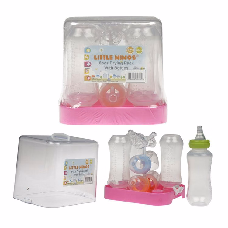 Baby Bottles - Pink & Clear with Drying Rack 4 Pack