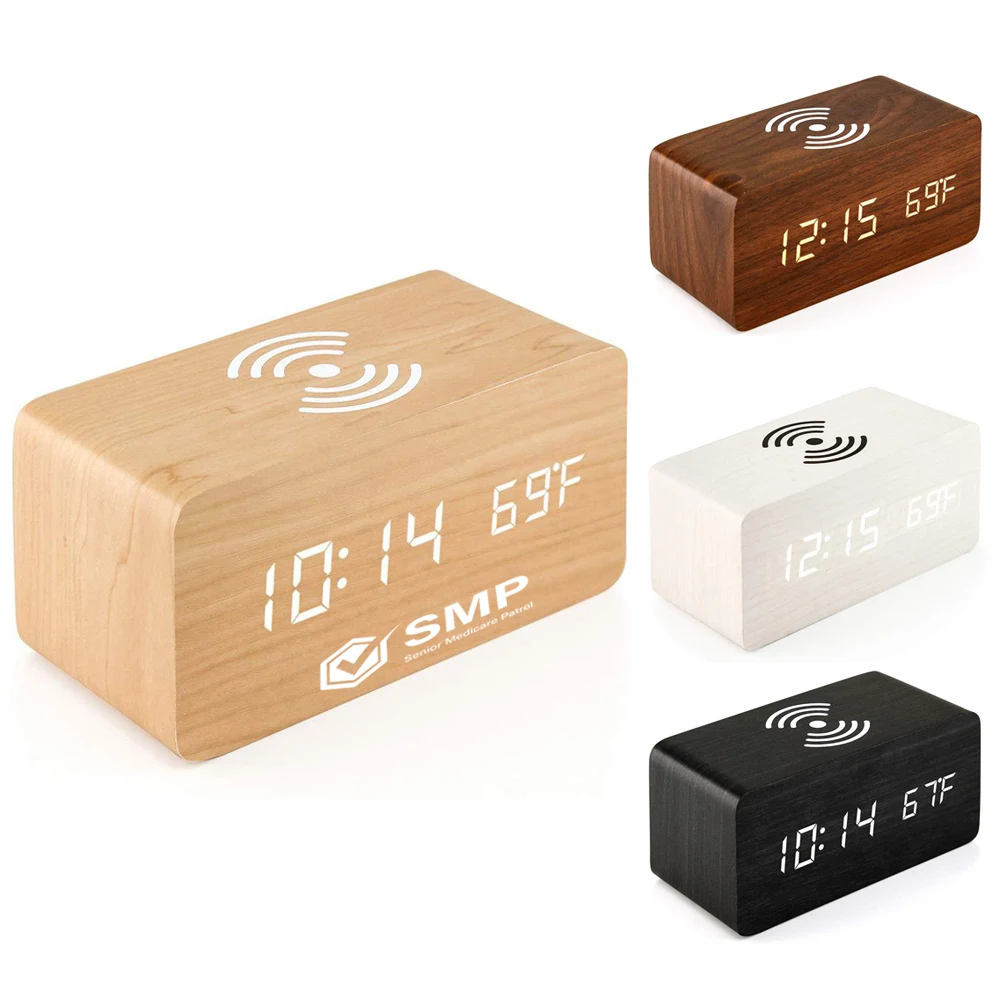 5W Wooden Qi Fast Wireless Charger w/ Digital Led Clock 1