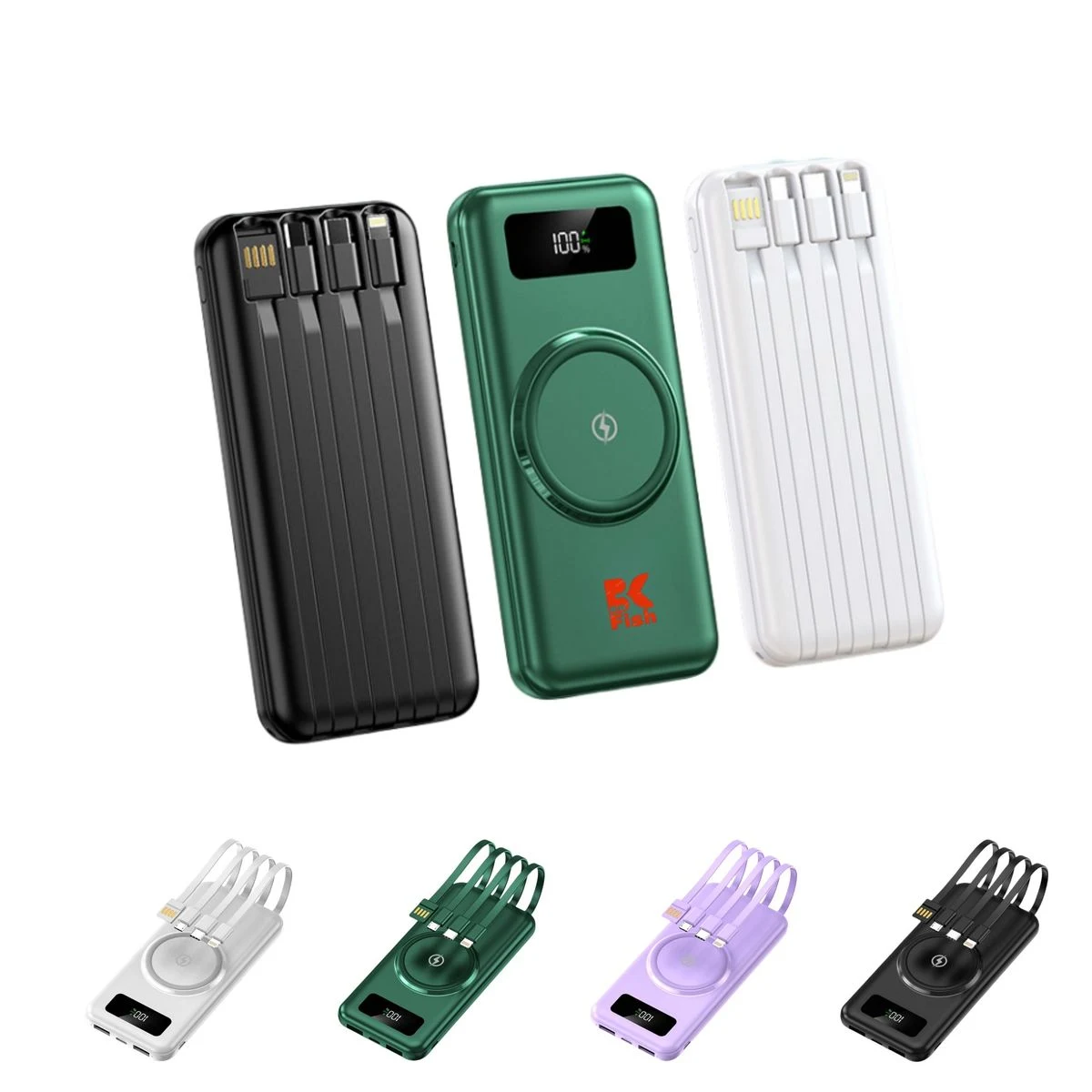 Fast Wireless Charging Portable Power Bank w/4 Built-In Cables 1