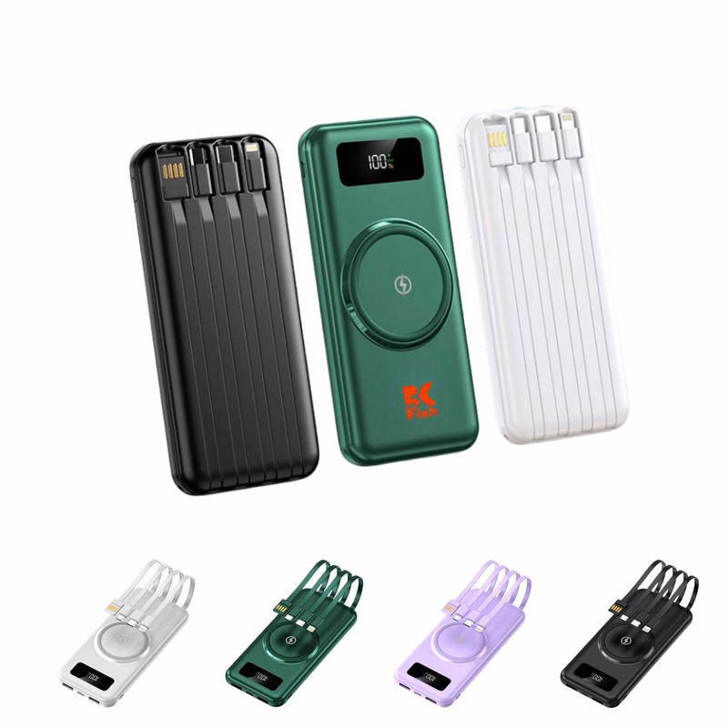 Fast Wireless Charging Portable Power Bank w/4 Built-In Cables