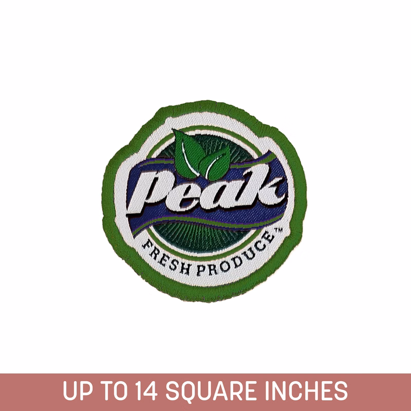 Custom Shape Woven Sticker (Stick-On) Up To 14 Sq. In. w/ Embroidered Edge (5-ply)