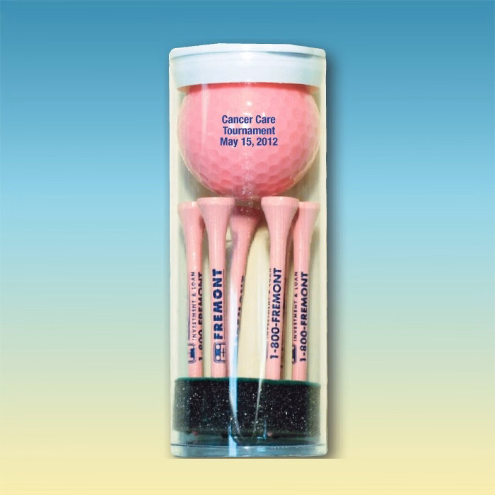 Golf Ball Tube w/ Six Pink 2 3/4" Tees & 1 Golf Ball