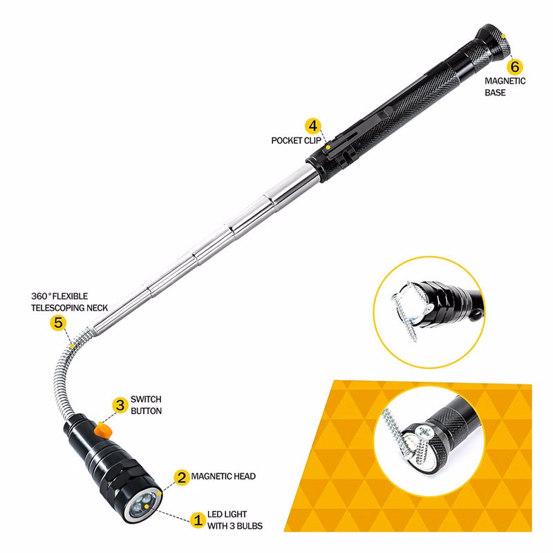 Magnetic telescopic pickup flashlight