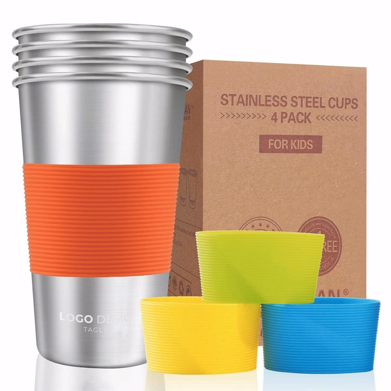 16oz Stainless Steel Pint Cups with Silicone Sleeves, water tumbler Stackable Metal Drinking Glasses