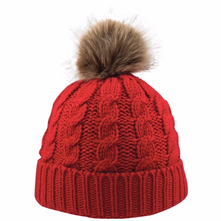 Cable Knit Beanie w/Faux Fur Pom