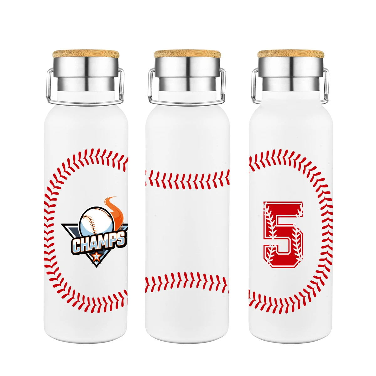 20 oz. Baseball Design Double Wall SS Bamboo Lid Water Bottle, custom water bottle with logo imprint 1