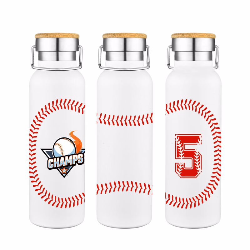 20 oz. Baseball Design Double Wall SS Bamboo Lid Water Bottle
