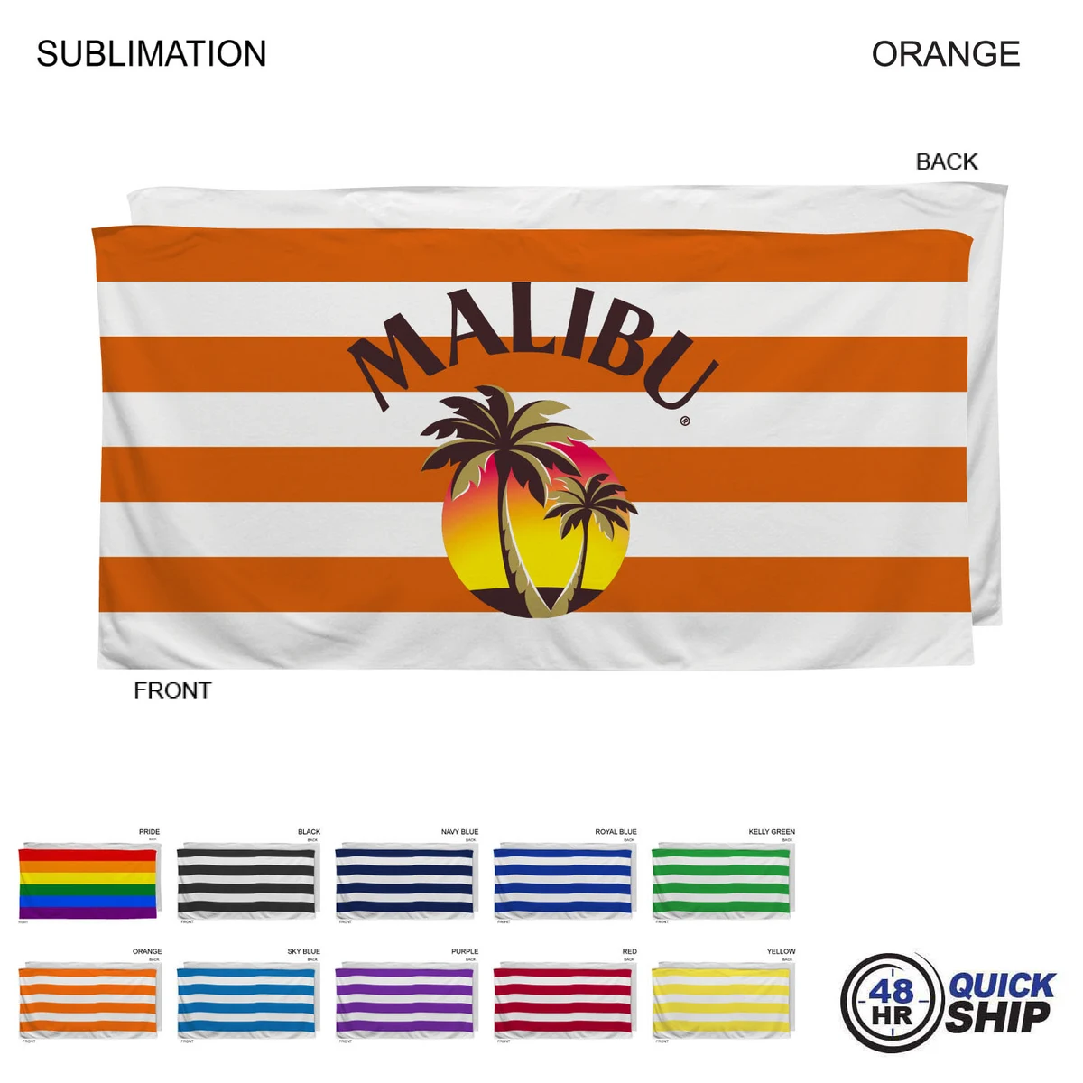 48Hr Quick Ship - Cabana Stripe Sublimated, Heaviest Weight, Plush Velour Terry Beach Towel, 30x60 1