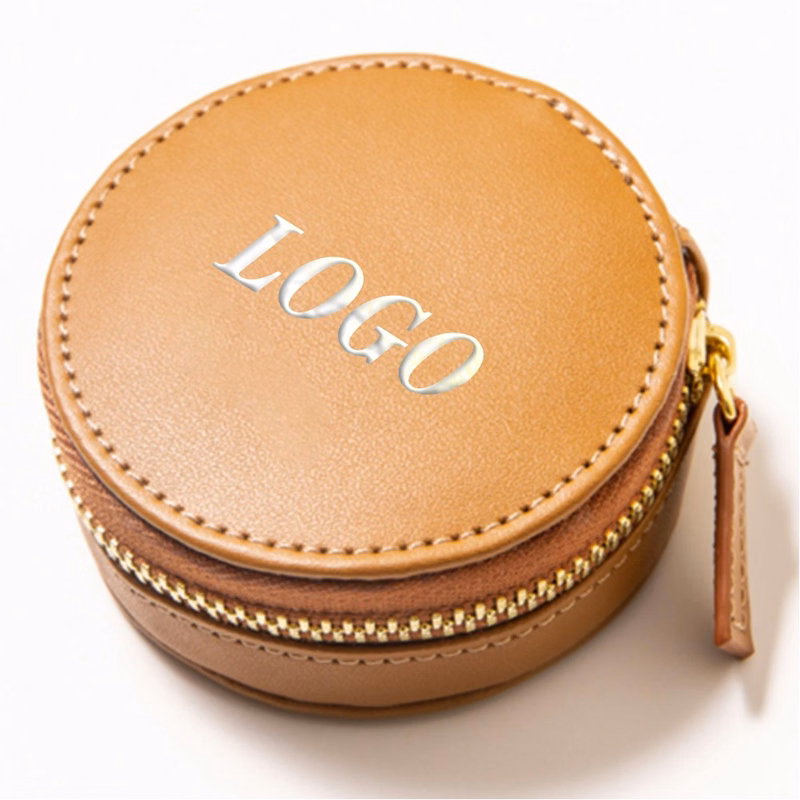 Round Shape Zippered Leather Jewelry Pouch Bag