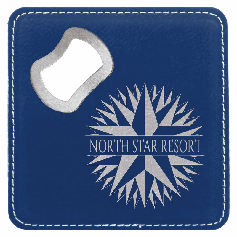 4" x 4" Square Blue/Silver Leatherette Coaster w/ Bottle Opener