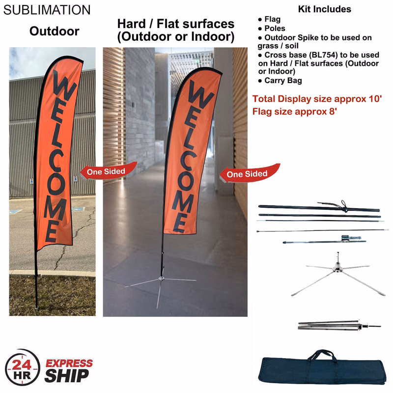 24Hr Express Ship - 10' Small Feather Flag Kit, Full Color Graphics One Side, Outdoor & Indoor bases