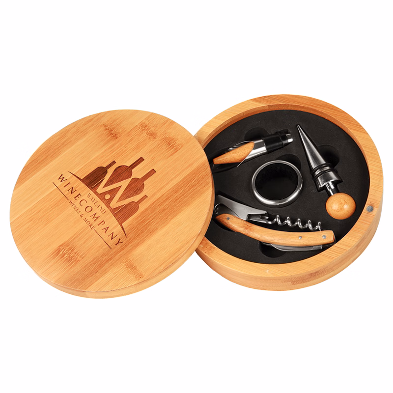 6 1/4" Round Bamboo 4-Piece Wine Tool Set