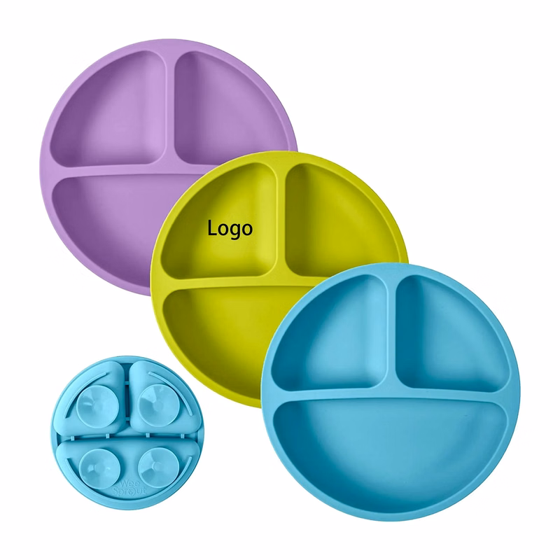 MOQ 20pcs Silicone Three-Compartment Baby Plate With Suction