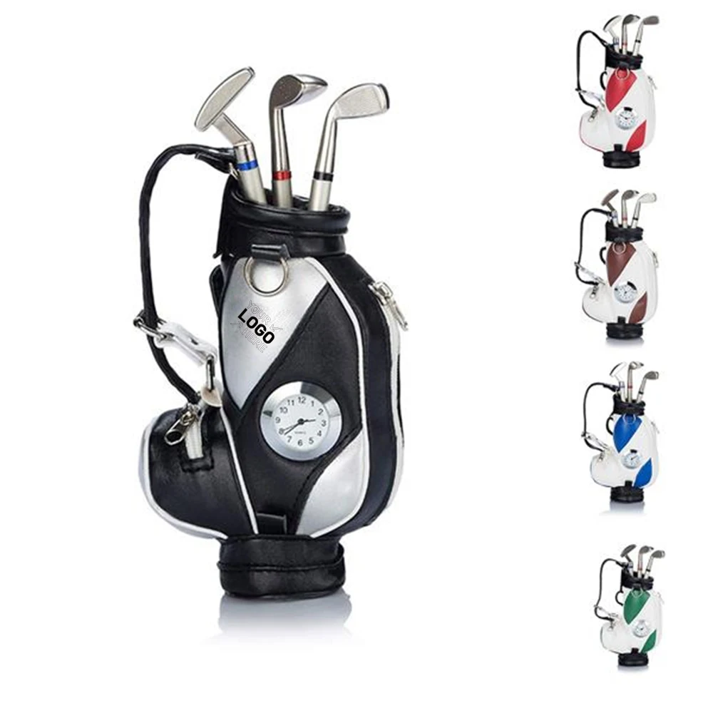 Mini Desktop Golf Bag Pen Holder With Clock 1
