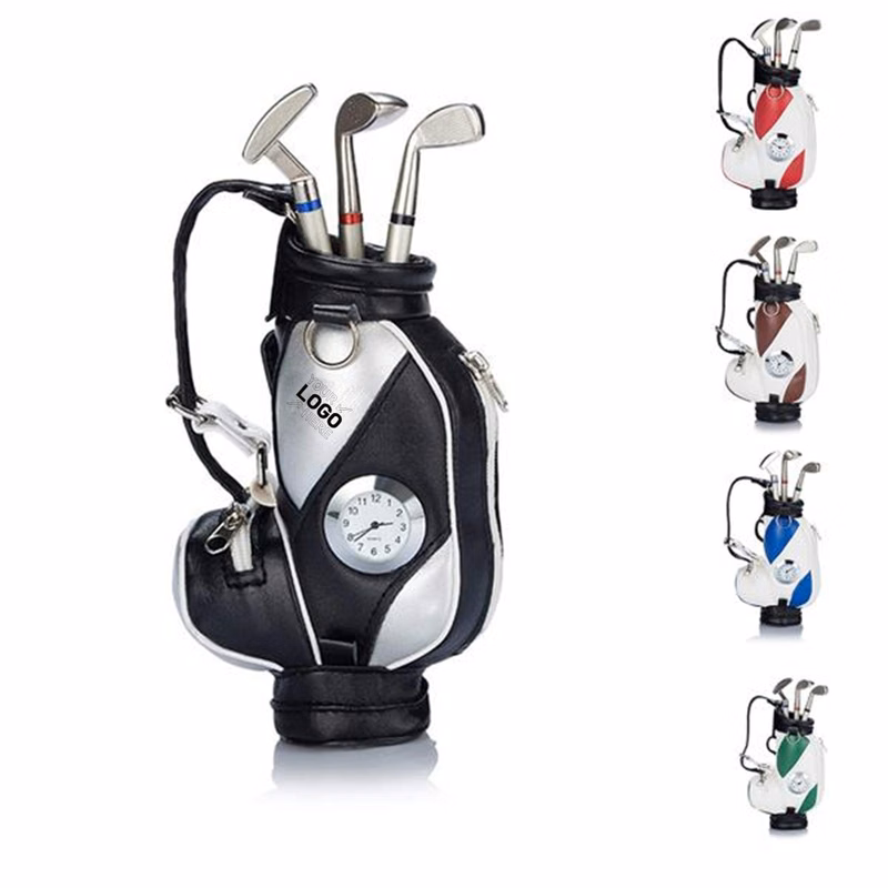 Mini Desktop Golf Bag Pen Holder With Clock
