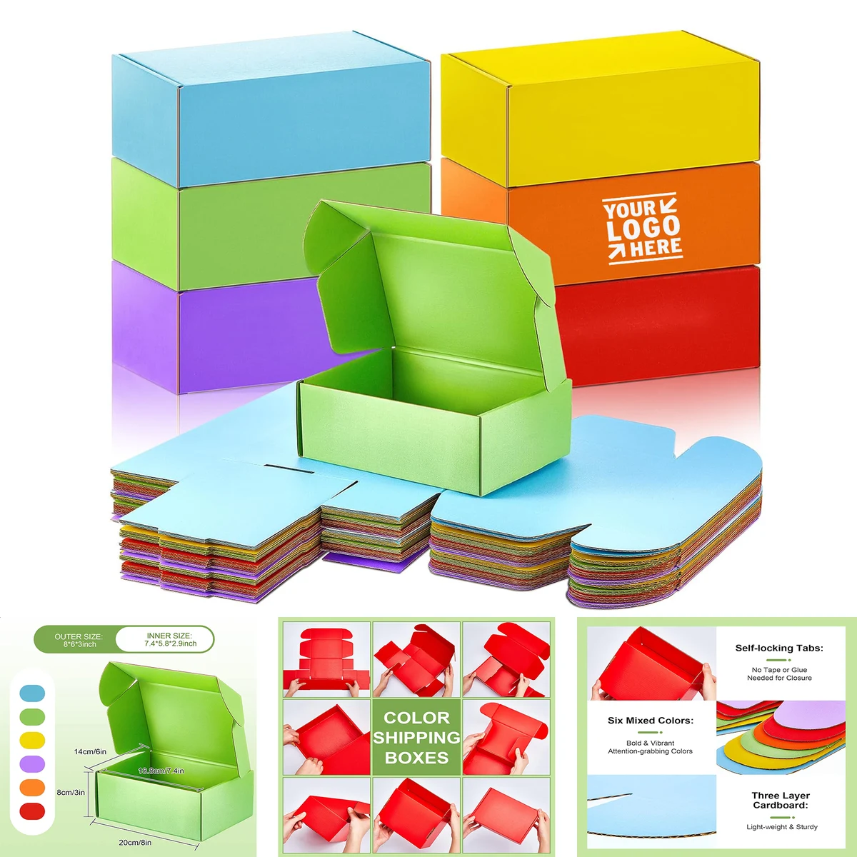 8 x 6 x 3 Inch 6 Colors Small Business Packaging Corrugated Cardboard Shipping Gift Box with Lid 1