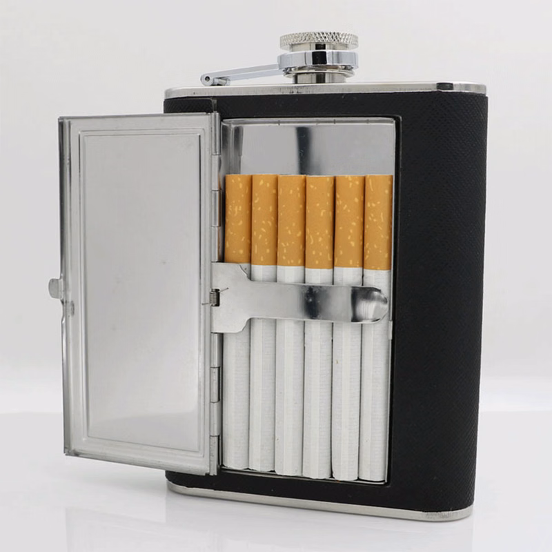 5oz black pu Whiskey Flask w/ bulid-in cigarette case