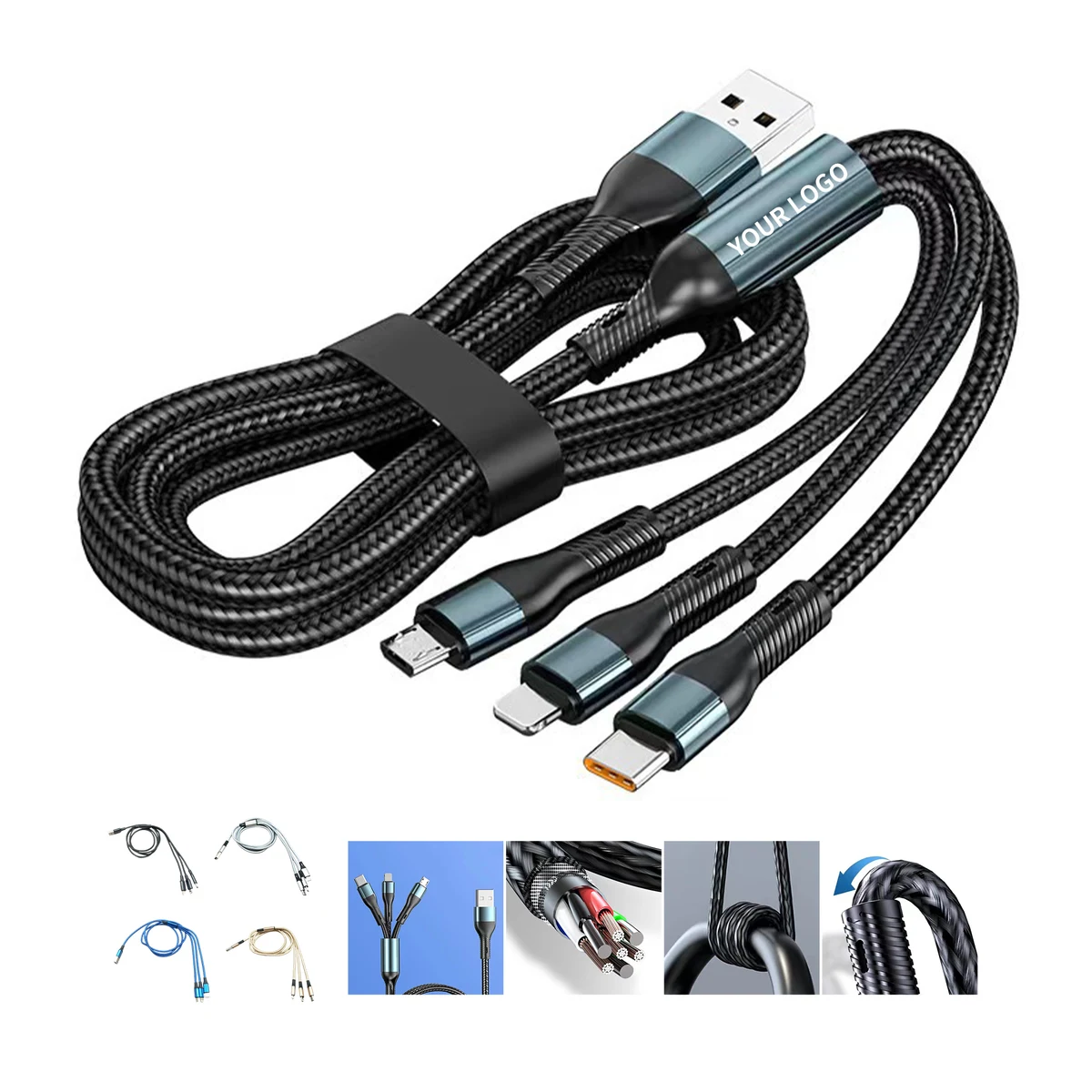 Three In One Nylon Braided Data Cable 47.3" Length 1