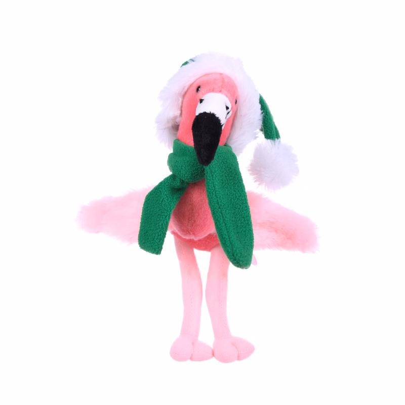 Soft Plush Sitting Flamingo wearing a Christmas Scarf & Hat