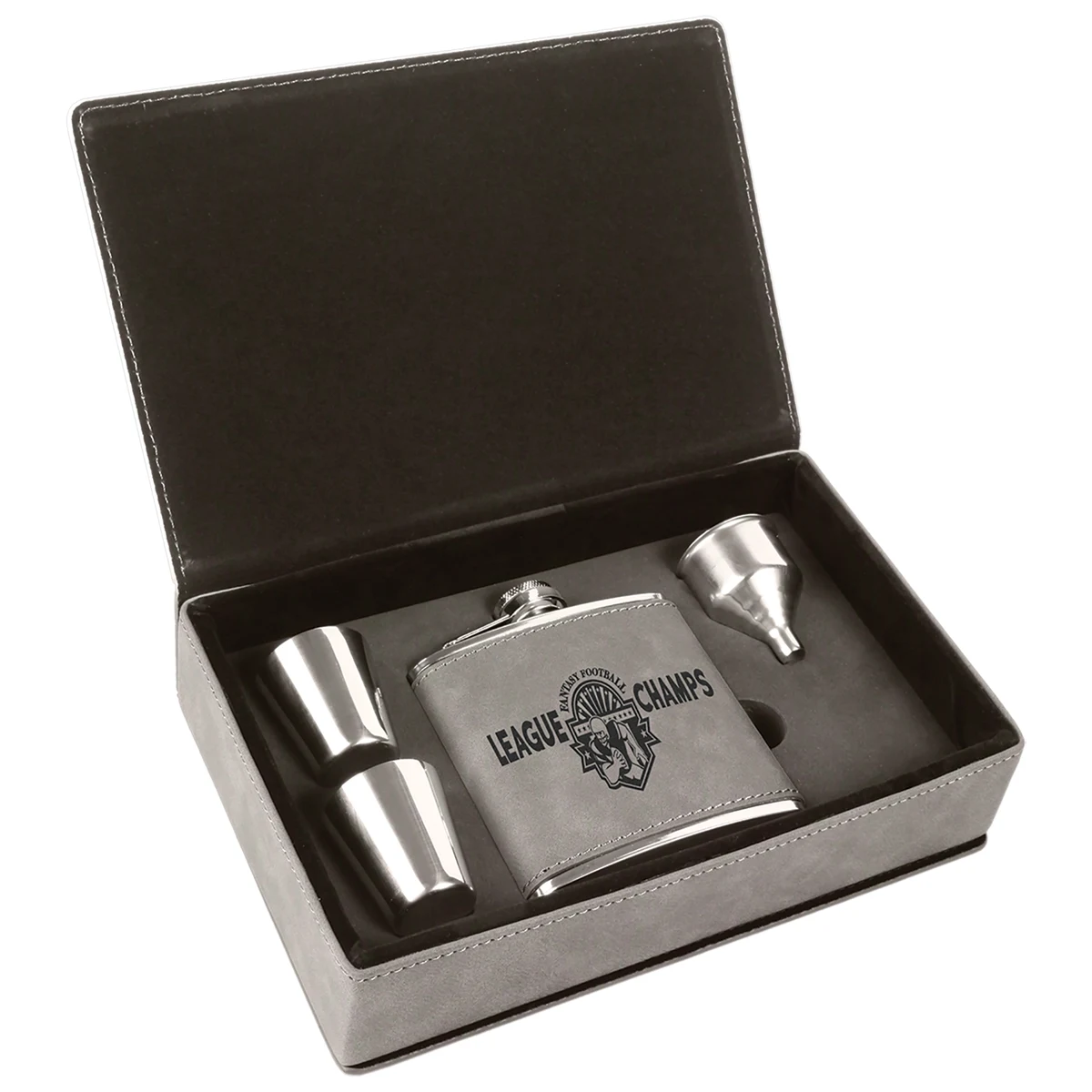 Stainless Steel Gray Leatherette Flask Gift Set 1
