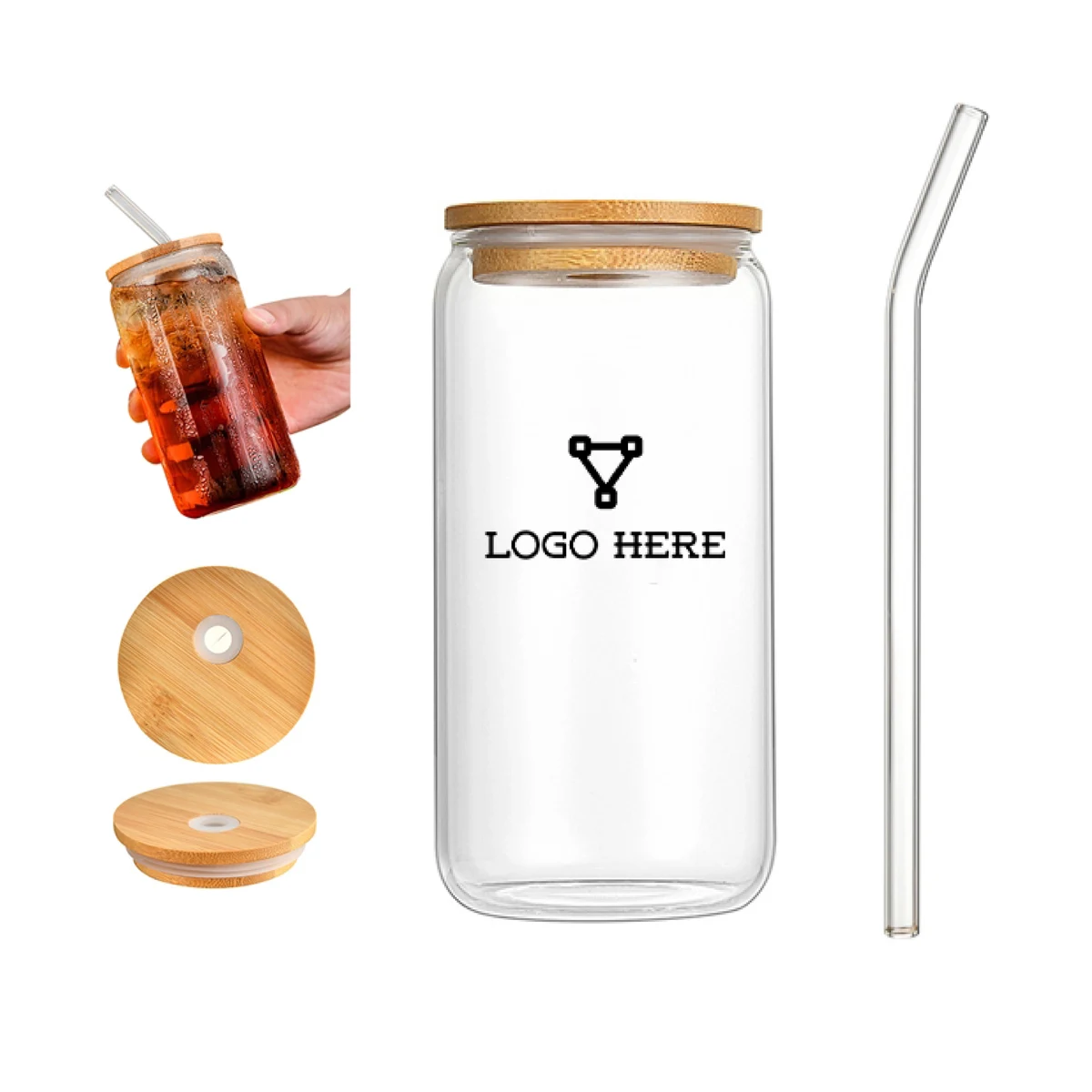 MOQ 200 Clear 16Oz Iced Coffee Glass With Bamboo Lid And Straw 1
