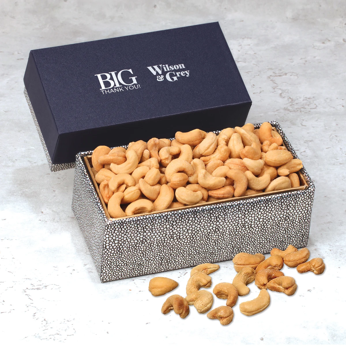 Fancy Cashews in Navy & Silver Gift Box 1