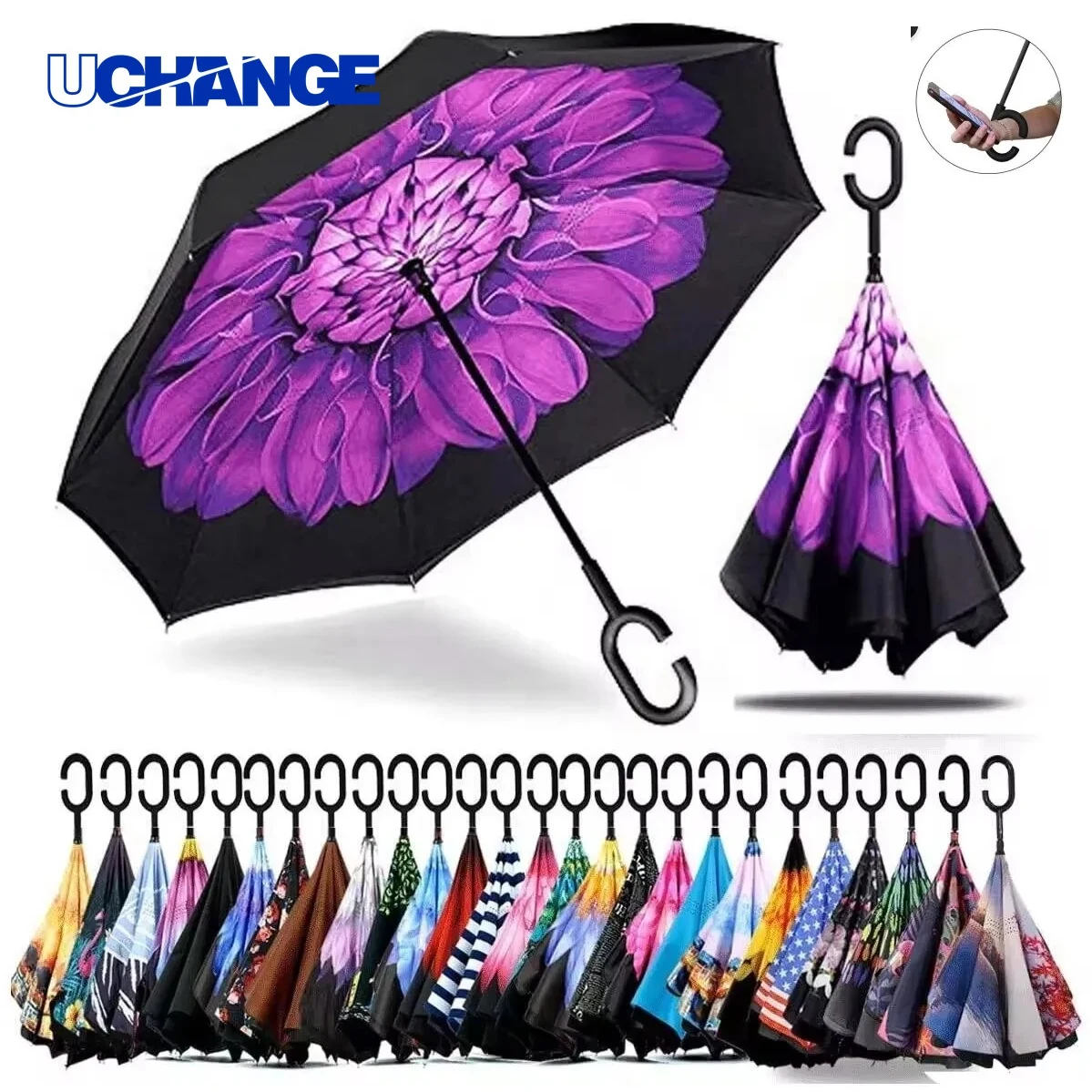 Inverted Folding Umbrella with C-Shaped Handle Hands-Free 1