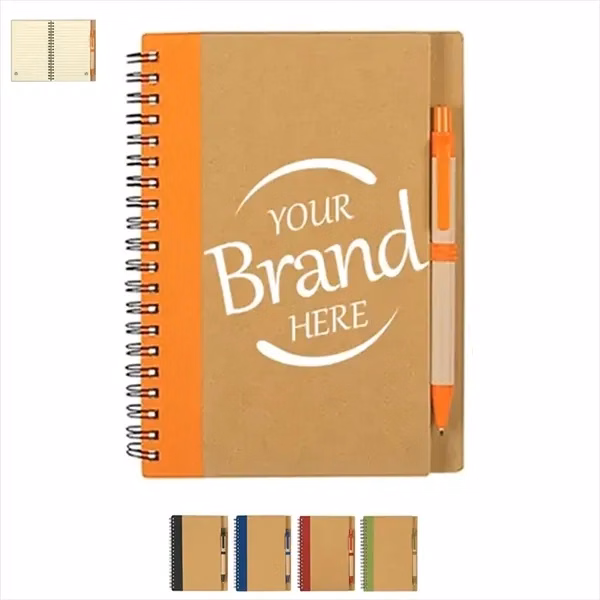 Custom 5.12 x 7.09 in Eco Kraft Spiral Notebook With Wooden Pen — Sustainable Journal