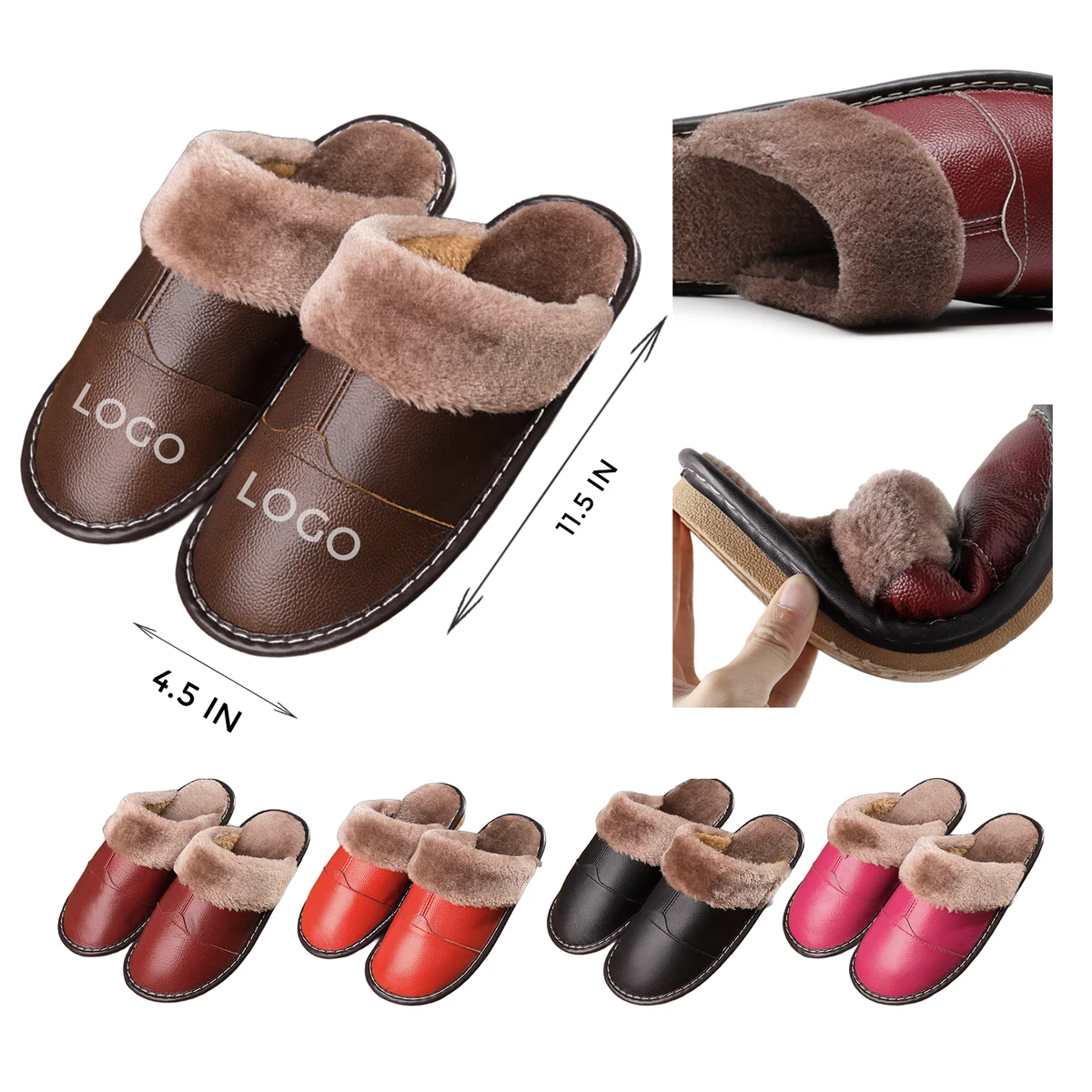 MOQ 10 PCS Versatile Winter Genuine Leather Warm Slippers 1