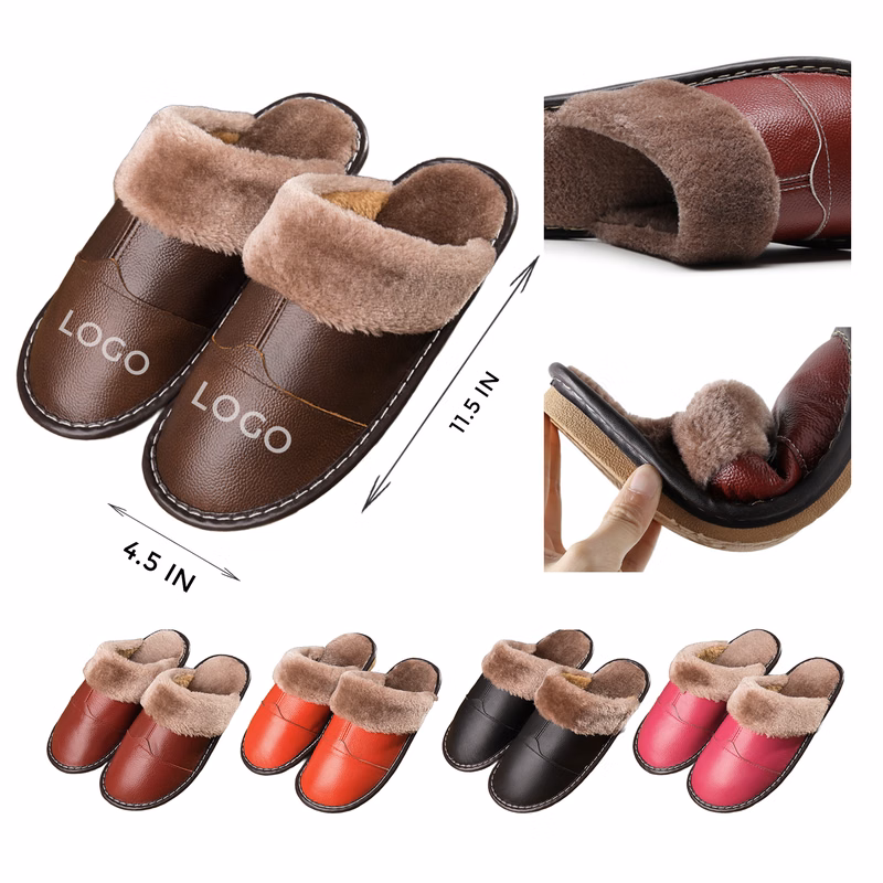 MOQ 10 PCS Versatile Winter Genuine Leather Warm Slippers