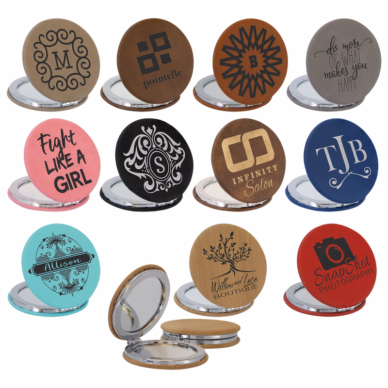 Leatherette Compact Mirror Laser Engraved