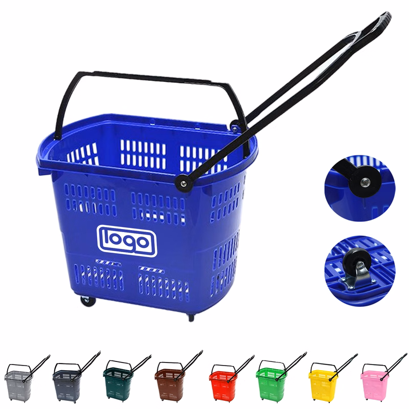 Plastic Wheeled Shopping Baskets w/ Handles
