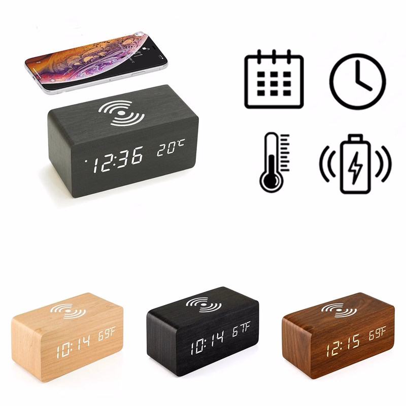 Wooden Digital Alarm Clock with Wireless Charging