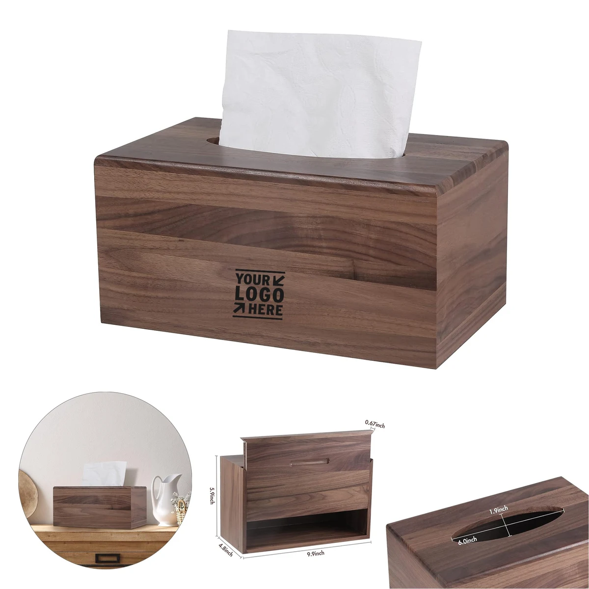 Rectangular Walnut Wood Tissue Box Cover With Slide-Out Bottom 1