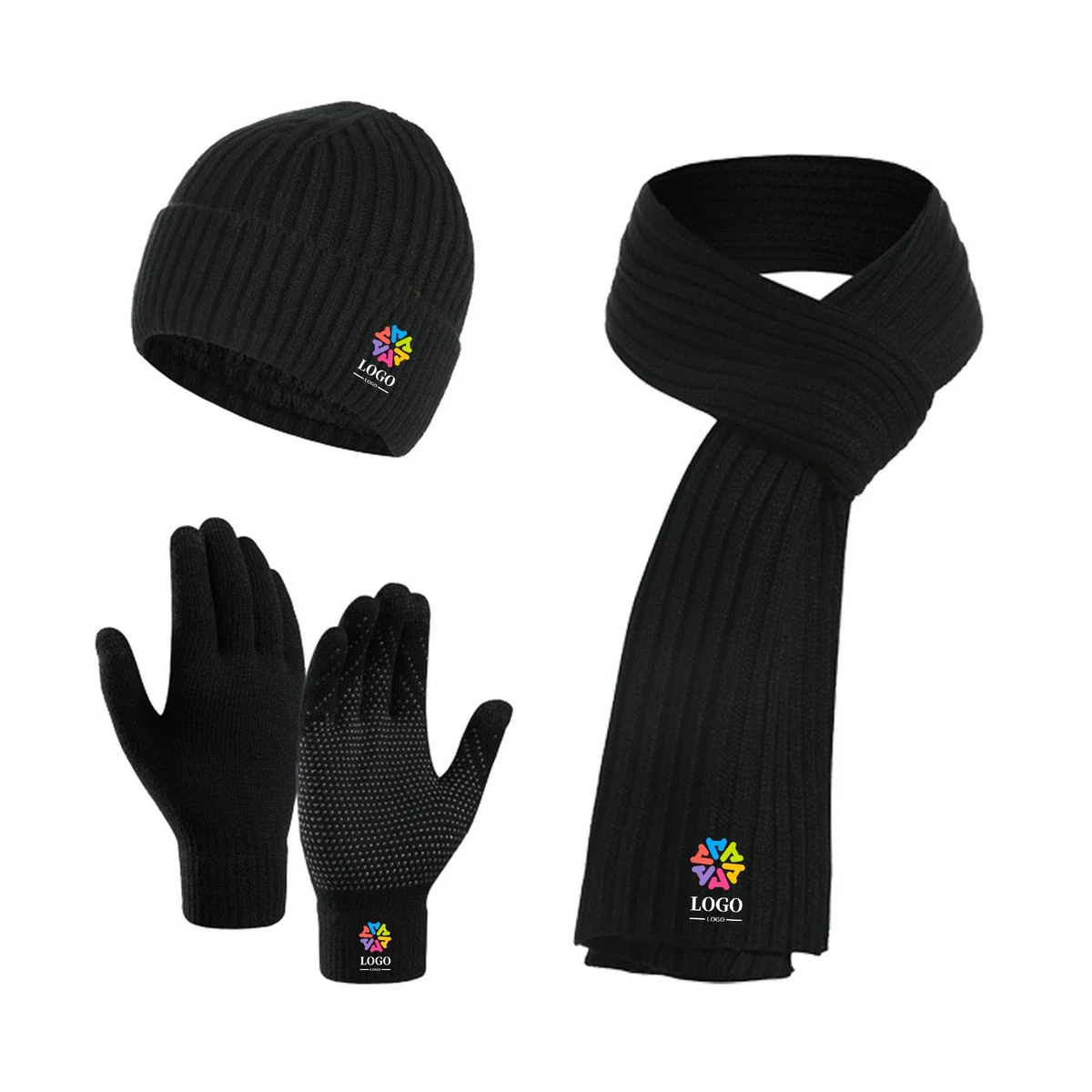 Winter Beanie Hat Warmer Long Scarf Touchscreen Gloves Set 1