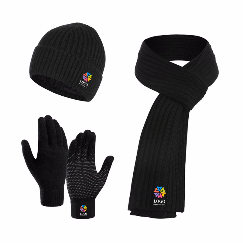 Winter Beanie Hat Warmer Long Scarf Touchscreen Gloves Set