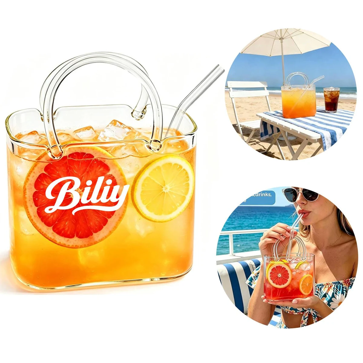 26oz Purse-Shaped Glass Cup with Straw 1