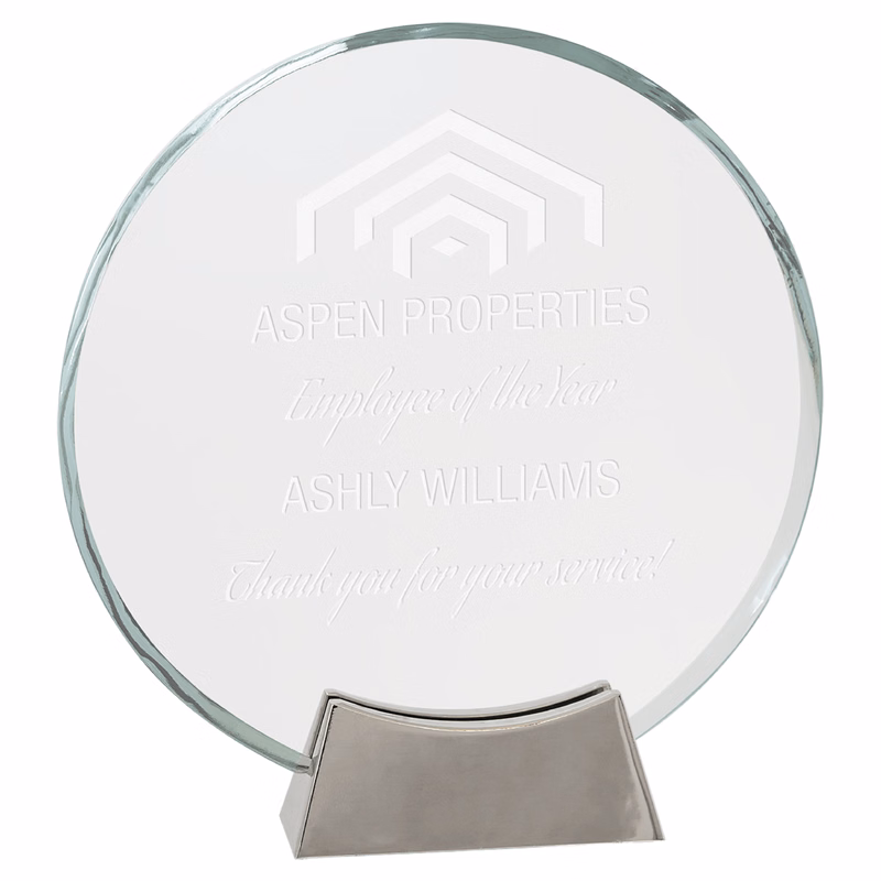 8" Clear Round Platinum Glass Award w/ Metal Base