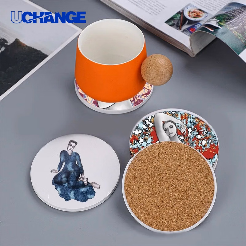 Ceramic Coaster Set with Cork Backing Pads for Home Use