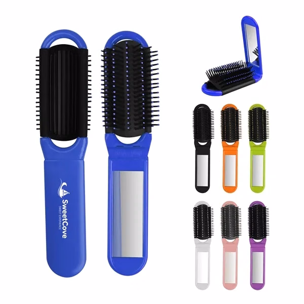 Custom Compact Folding Hair Brush with Mirror — Travel Personal Care Set